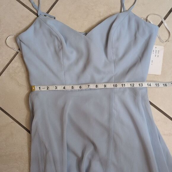 NWT After Six Maxi Dress Mist Blue Tie Back Leg Slit Size 4 - Picture 7 of 10
